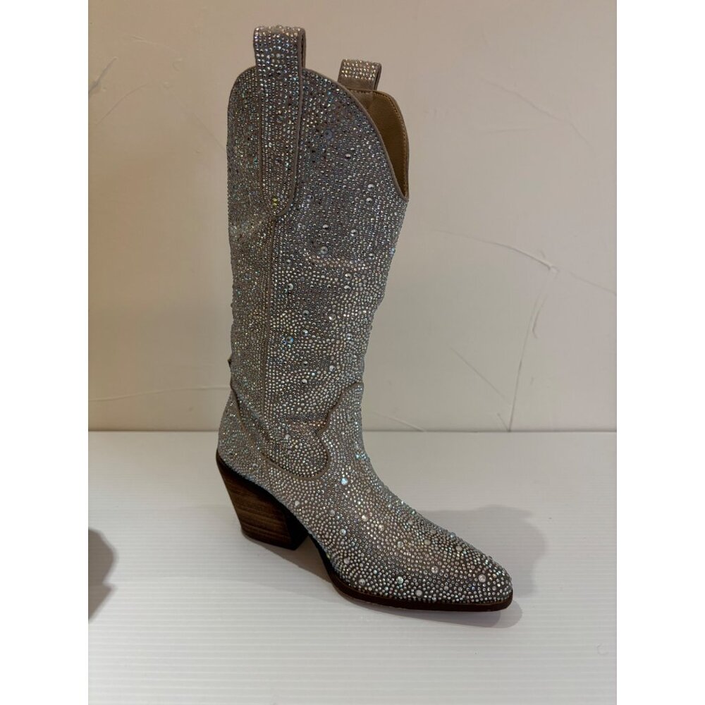 Muccute Silver Rhinestone Mid Calf Cowboy Boots (Womens 5)
